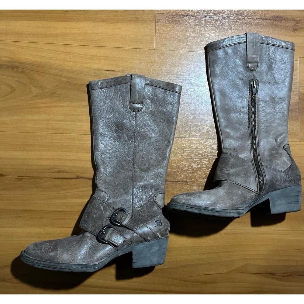 Womens BORN Double Buckle Boots Distressed Leather Buckle Zip Tall Riding Boots